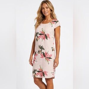 PURE VENICE by Eternelle Short sleeved Floral Pink Linen Shift Dress SIZE MEDIUM